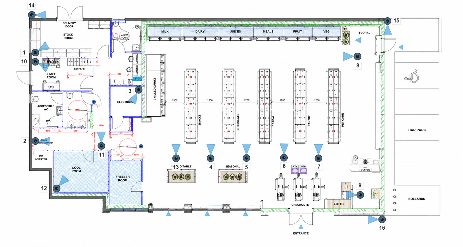 Example floor plan with CCTV cameras placed using the CCTV Drawing App